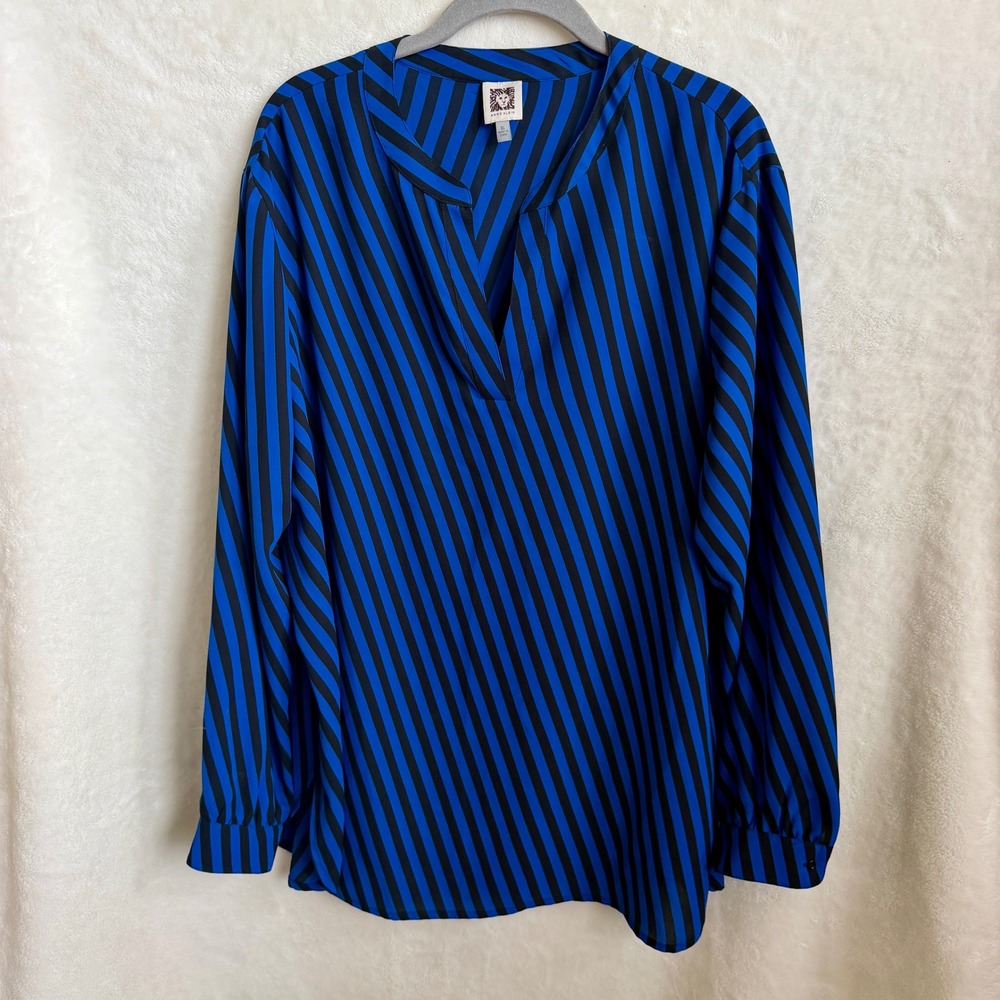 Anne Klein Blue Black Diagonal Stripe V-Neck Long Sleeve Blouse Womens Size XL